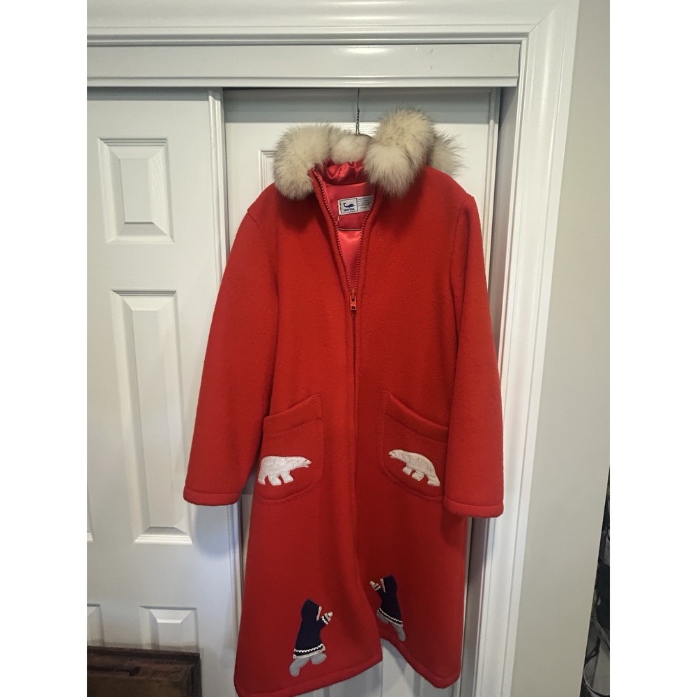 Vintage WooI INUVIK PARKA Eskimo Appliqué‎ Fur Trimmed Hood Parka 14 Warm Winter